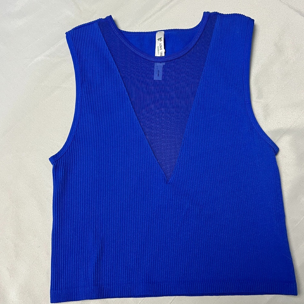Love Tree Ribbed Tank Top Mesh V‎ Neck Brami Sleeveless Royal Blue Size L
